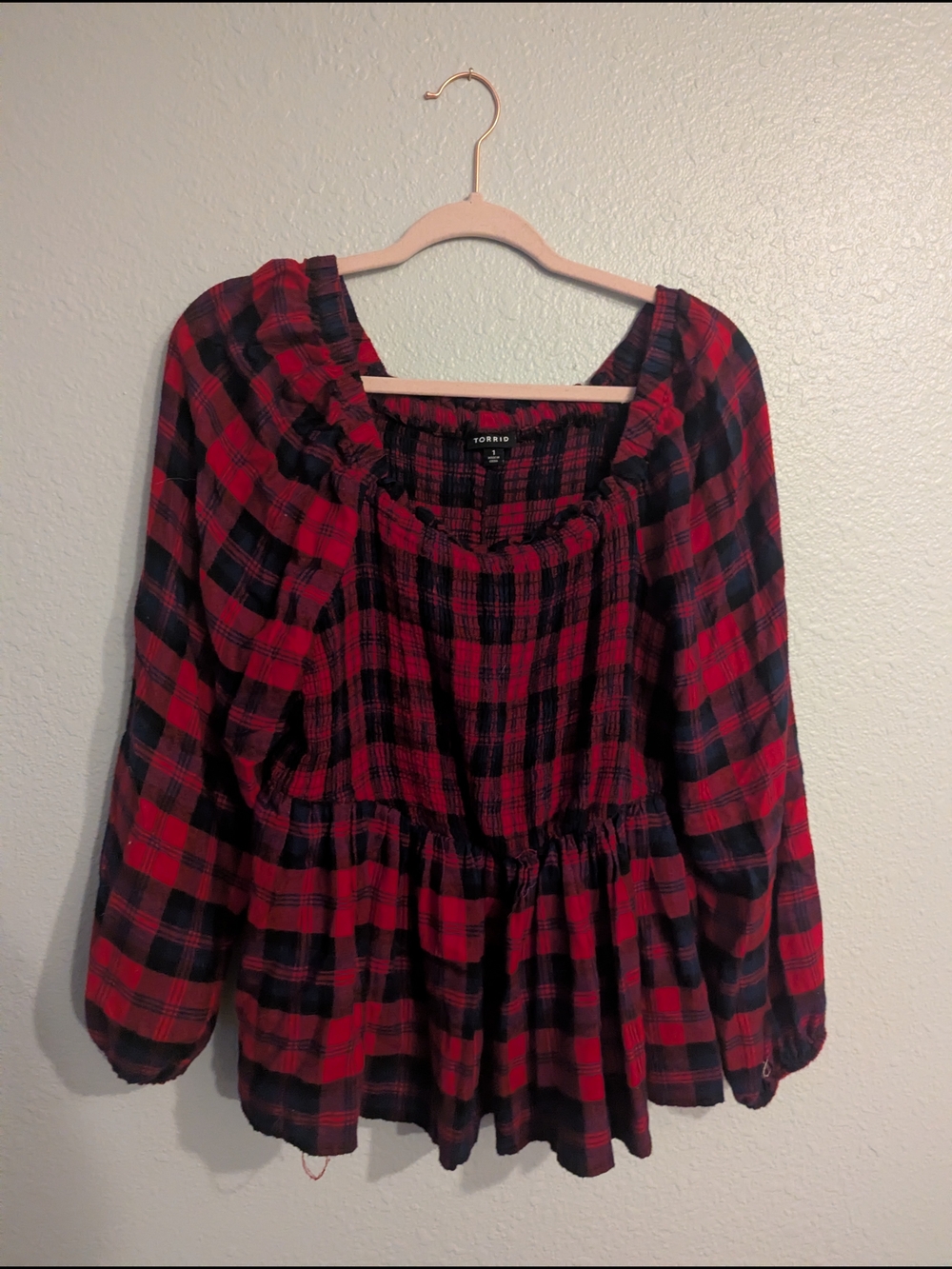 Red and Black Plaid Peasant Blouse